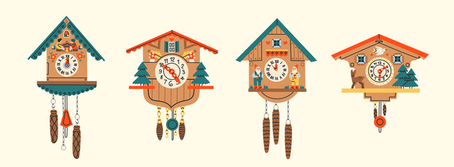 Set of four Cuckoo Clocks. Decorative wooden clock. Antique german wall watches. Hand drawn colorful modern Vector Illustrations. Cartoon style, flat design. Every clock is isolated
