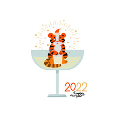 Celebration of new 2022 with year symbol, drink glass. Champagne saucer with sitting tiger in it. Festive flat vector postcard, holiday event poster. Celebrate party invitation.