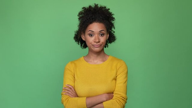 Lady cross arms roll eyes up avoid scandal isolated vivid color background