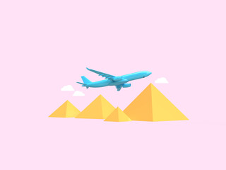 3d render. blue plane flies over the Egyptian pyramids. In a pink backgraund. Travel, flights and tours and holidays in Egypt