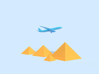 3d render. blue plane flies over the Egyptian pyramids. On a blue background. Travel, flights and tours and holidays in Egypt