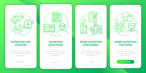 Eating for sports green gradient onboarding mobile app screen. Nutrition walkthrough 4 steps graphic instructions pages with linear concepts. UI, UX, GUI template. Myriad Pro-Bold, Regular fonts used