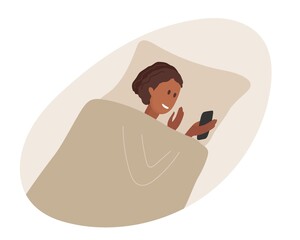 Young woman lies in her bed under blanket and looks into phone. Lady before going to bed. Obsession with gadgets, social networks, instant messengers flat Vector illustration in flet style © Елена Кутузова