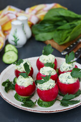 Organic Radish Stuffed with Feta Cheese, Spinach and Boiled Egg