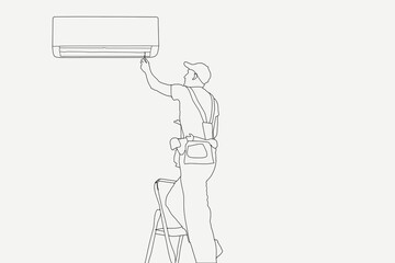 Service and repair of air conditioners. The repairman on the background of a properly functioning air conditioner. illustration in cartoon style