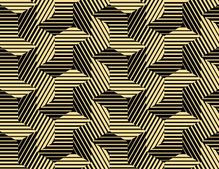 Abstraktes geometrisches Muster mit Streifen, Linien. Nahtloser Vektorhintergrund. Gold und schwarze Verzierung. Einfaches Gittergrafikdesign