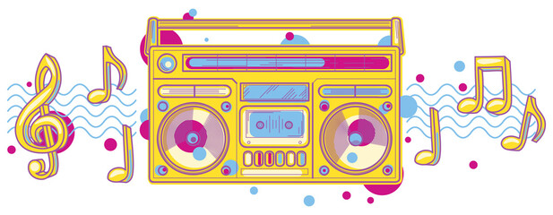 Music design - funky colorful playing boombox with musical notes