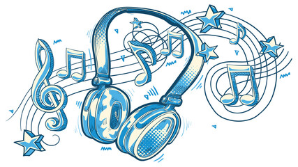 Music design - drawn musical headphones, notes and clef