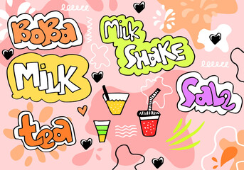 Bubble milk tea Special Promotions design, Boba milk tea, Pearl milk tea , Yummy drinks, coffees and soft drinks with logo and doodle style advertisement banner. Vector illustration.