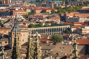Panoramic view of Segovia from the bell tower of the Cathedral and view of the famous Aqueduct of Segovia - Segovia, Spain