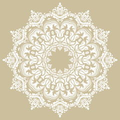 Oriental vector white pattern with arabesques and floral elements. Traditional classic round white ornament. Vintage pattern with arabesques