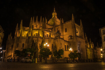 Fototapeta na wymiar Segovia, Spain, October 2019 - Night view of the Cathedral of Segovia