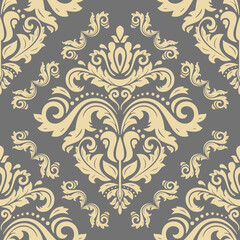Classic seamless vector pattern. Damask orient gray and golden ornament. Classic vintage background. Orient ornament for fabric, wallpapers and packaging