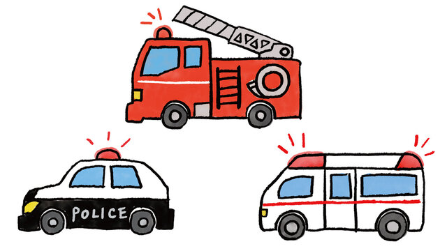 緊急車両の手描きイラスト　水彩画