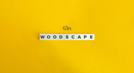 Woodscape Banner and Word on Block letters on Yellow background. Minimal aesthetics.