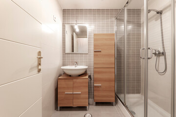 Cherry wood toilet with cupboard and vanity unit with shower and rectangular mirror