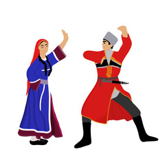 Caucasian man and woman in traditional costumes perform the Lezginka folk dance. Set. Traditional Caucasian wedding dance. Vector flat illustration