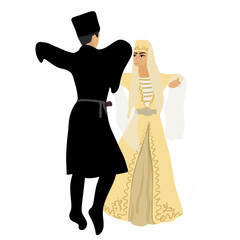 Caucasian man and woman in traditional costumes perform the Lezginka folk dance. Set. Traditional Caucasian wedding dance. Vector flat illustration