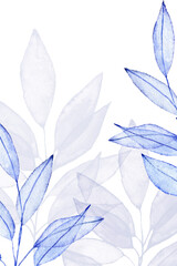 Transparent blue leaves watercolor drawn card design