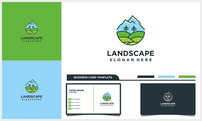 badge landscape with mountain and tree logo and business card template