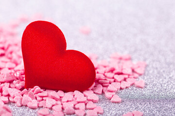 Fototapeta premium Valentines day festive card with red and pink hearts on a light gray background, copy space for text