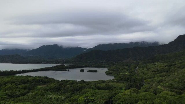Aerial view of Kualoa Point at Kaneohe Bay, Oahu, Hawaii, USA