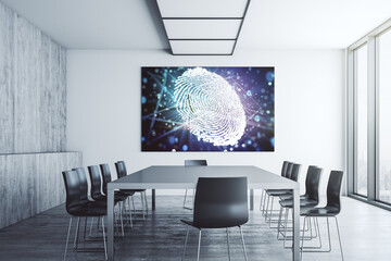 Abstract creative fingerprint concept on presentation screen in a modern conference room. 3D Rendering