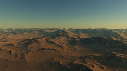 Fototapeta na wymiar realistic surface of an alien planet, view from the surface of an exo-planet, canyons on an alien planet, stone planet, desert planet 3d render