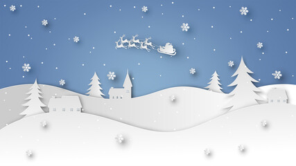 Fototapeta na wymiar Landscape of snowy countryside and Santa Claus flying on the sky in winter. Merry Christmas and Happy New Year. paper art design. vector, illustration.