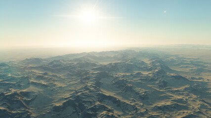 realistic surface of an alien planet, view from the surface of an exo-planet, canyons on an alien planet, stone planet, desert planet 3d render