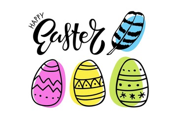 Happy Easter card with lettering, colorful painted easter eggs, plumelet. Vector sketch illustration, design elements for cards, mugs, home decor, shirt design, invitations for Easter holiday