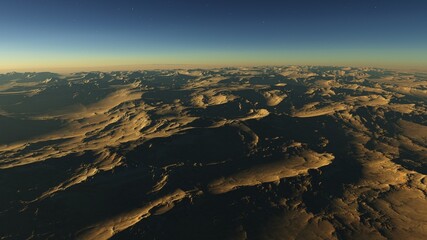 realistic surface of an alien planet, view from the surface of an exo-planet, canyons on an alien planet, stone planet, desert planet 3d render