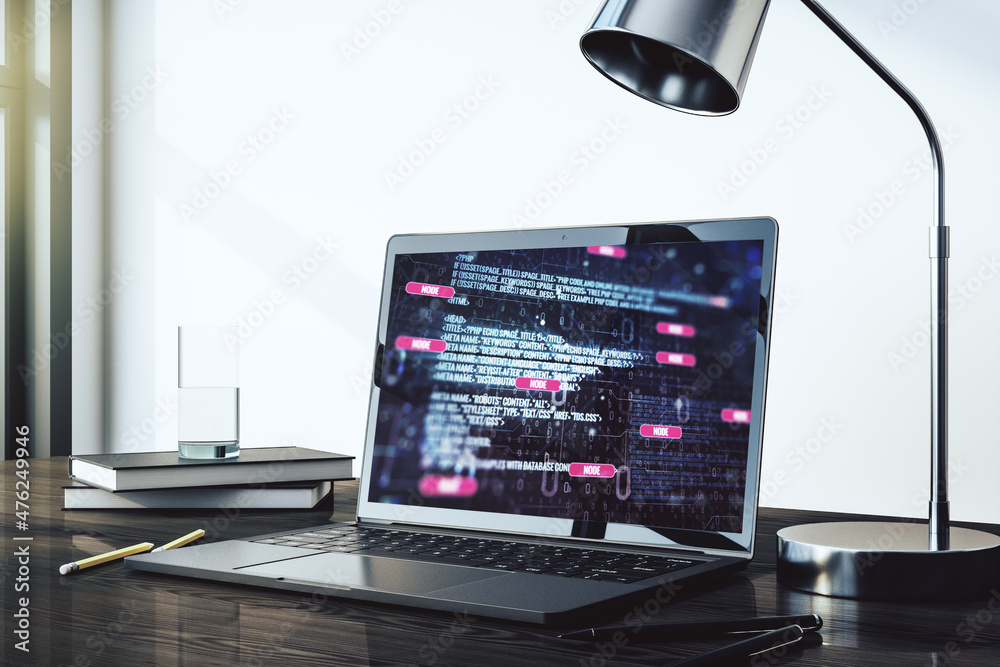 Poster abstract creative coding concept on modern laptop screen. 3d rendering