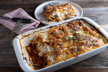 Cannelloni casserole with bolognese sauce, bechamel sauce, and mozzarella cheese topping
