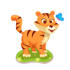 Cute tiger with butterfly cartoon vector illustration