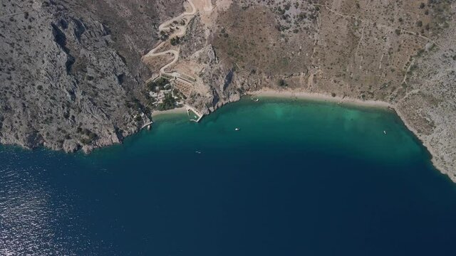 Aerial view of a deserted beach of incredible beauty with clear blue water. Beach Vruja Central Dalmatia Croatia