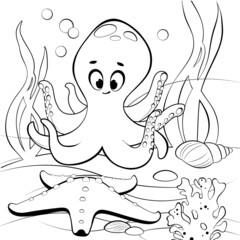 Underwater scene with funny octopus, starfish and coral reef. Printable coloring page for kids. Black and white vector illustration
