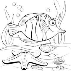 Underwater scene with cute tropical fish and coral reef. Printable coloring page for kids. Black and white vector illustration