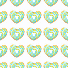 Fototapeta na wymiar Donuts with yellow, blue glaze. A pattern with a watercolor illustration of a heart-shaped cookie. Seamless pattern on a white background. Print for fabric, textiles, stationery, paper and any design