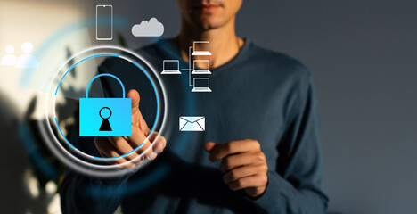 business, technology, internet and networking concept - businessman pressing security button on...