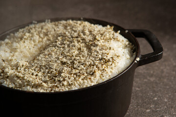 Hemp seeds on rice,Delicious freshly cooked cauldron rice