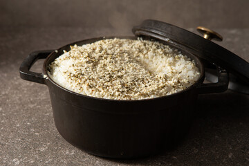 Hemp seeds on rice,Delicious freshly cooked cauldron rice