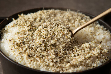Hemp seeds on rice,Delicious freshly cooked cauldron rice