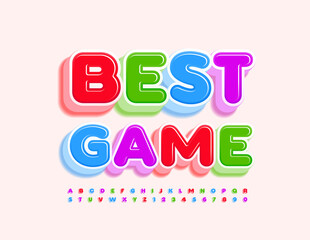 Vector briht banner Best Game. 3D Kids Font. Colorful set of isometric Alphabet Letters and Numbers set