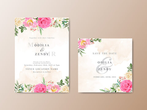 Beautiful pink and yellow flowers wedding invitation card
