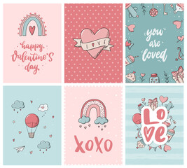 Fototapeta na wymiar set of six Valentine's day greeting cards decorated with lettering quotes and doodles. Good for posters, invitations, prints, wallpaper, scrapbooking, etc. EPS 10