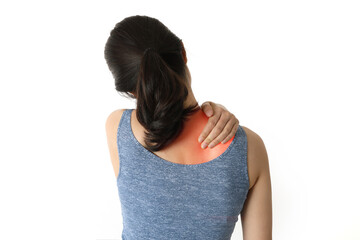 Back view of woman holding sore back neck and shoulder and waist(marking red)