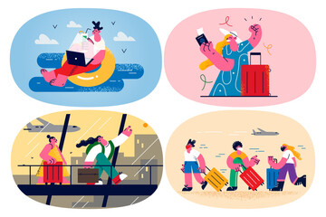 Set of smiling people in airport ready for vacation