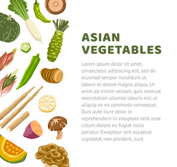 Asian vegetables banner. Exotic japanese, chinese, korean ingredients for food. Mushrooms, roots, bamboo shoots, sweet potato and other. Oriental cuisine. Vector hand drawn flat illustration.