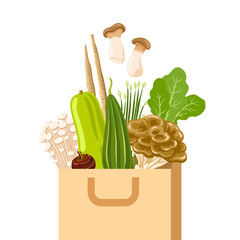 Paper package with products, exotic asian vegetables. Maitake, king oyster, enoki mushrooms, green leaves, water chestnut. Grocery purchase, shopping bag vector flat illustration.